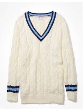 American Eagle Academia Cable Knit V-Neck Pullover Sweater Preppy White Large